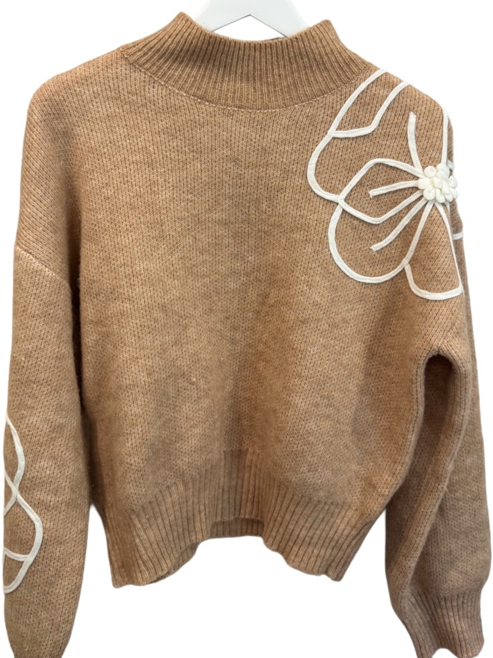 Gilli Sweater with Tan Cowl Neck with White Embroidered Flower
